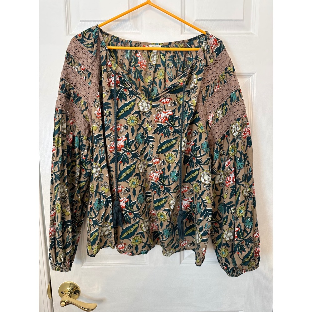 Eze Sur Mer Floral Cotton Blouse XL Crochet Lace Trim Tassel Tie Peasant Top